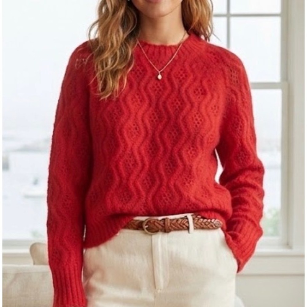 J.Crew Red Alpaca Wool Blend Scallop Trim Pointelle Sweater L BM266 DRU NWT